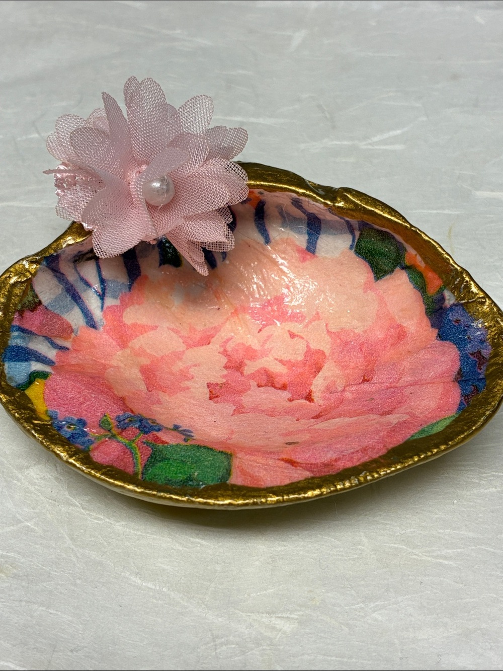 Hand Crafted Blush Peony Shell Ring Dish Romantic Cottage